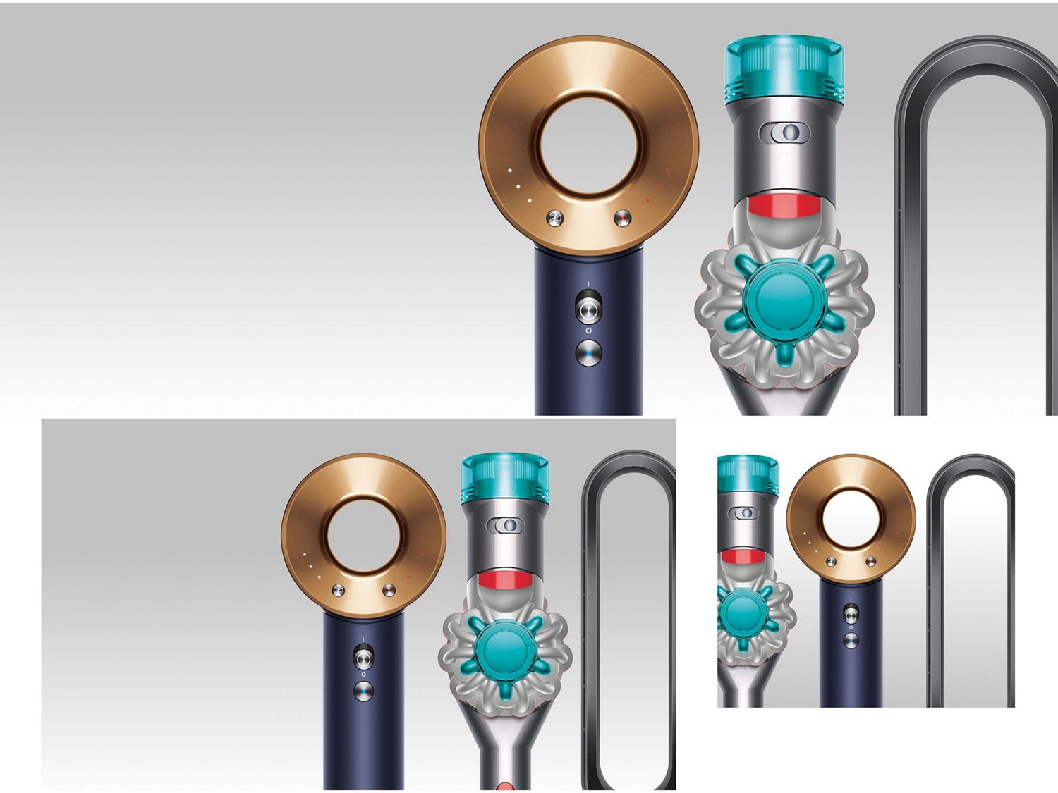 A lineup of sleek Dyson appliances, including vacuums, hair tools, and an air purifier, arranged in a dark room.